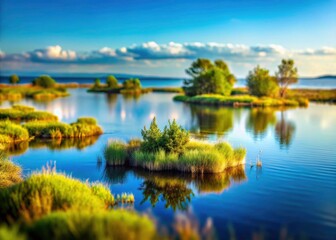 Obraz premium Tilt-shift coastal lake. Minimalist photography captures tranquil ripples and calm waters.