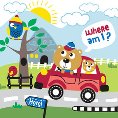Cartoon bear family driving a red car in a scenic countryside setting with birds, trees, and a hotel sign under a sunny sky. Playful travel and adventure design concept
