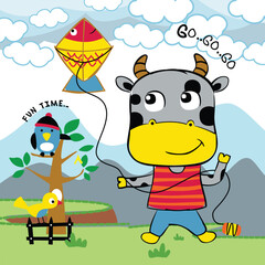 Cartoon cow flying a colorful kite in a scenic outdoor setting with birds on a tree and mountains in the background. Playful nature and fun activity design concept
