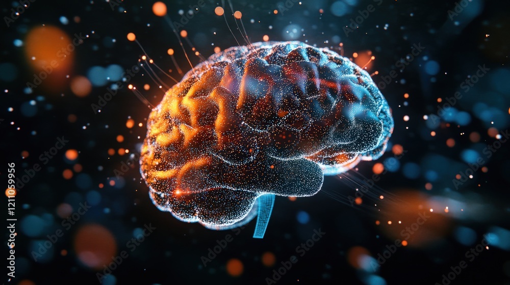 Aufkleber Illuminated Brain Model Showcasing Neural Connections and Cognitive Thought Representation with Vibrant Color Effects and Abstract Background