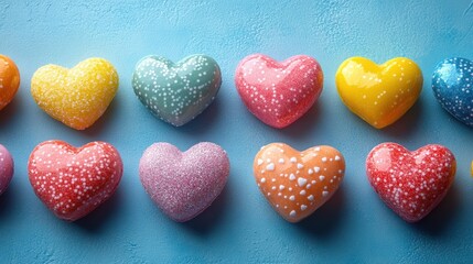 Obraz premium Colorful heart candies arranged on blue background