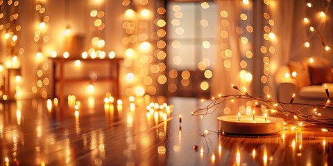 Warm, inviting ambiance of a room softly illuminated by candlelight and twinkling fairy lights scattered across a polished wooden floor