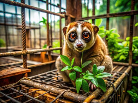 Tiny slow loris recovers in a makeshift cage, a testament to urban wildlife rescue.