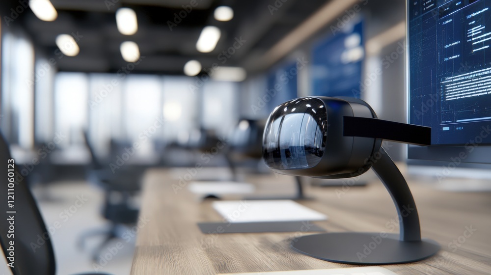 Poster Stylish modern office workspace featuring futuristic virtual reality headset on a desk beside a computer monitor displaying coding and digital interface in a tech environment
