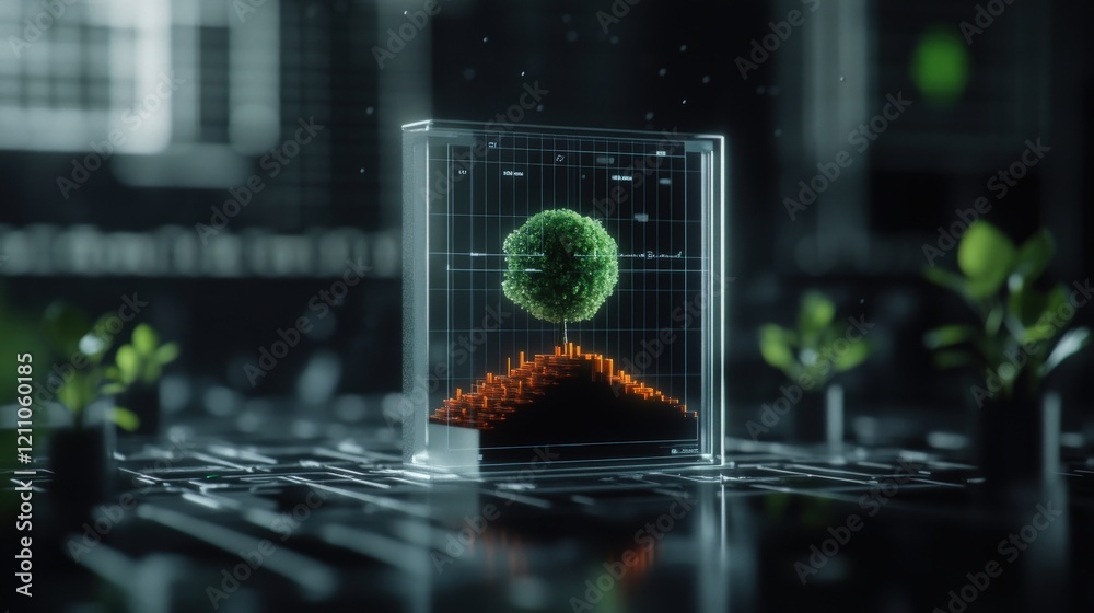 Aufkleber Futuristic Visualization of Plant Growth Represented by a 3D Green Tree in a Transparent Cube with Data Graphs and Digital Background for Eco-Friendly Concepts