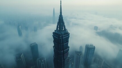 aerial photograph showcasing a towering skyscraper piercing through a dense layer of fog centrally positioned, with a sharp spire extending upwards, dominating the scene surrounded by a sea of fog