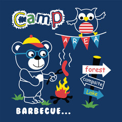 Cartoon bear grilling barbecue by a campfire with an owl perched nearby in a campsite setting under a night sky. Playful outdoor camping and adventure design concept
