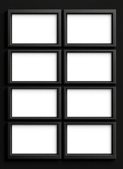 Fototapeta premium Eight blank rectangular frames in a black background, ideal for presentations or photo collages.