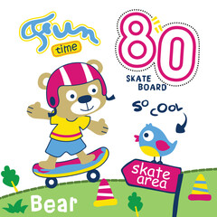 Cartoon bear skateboarding in a colorful skate area with a bird and fun design elements on a bright background. Playful outdoor activity design concept
