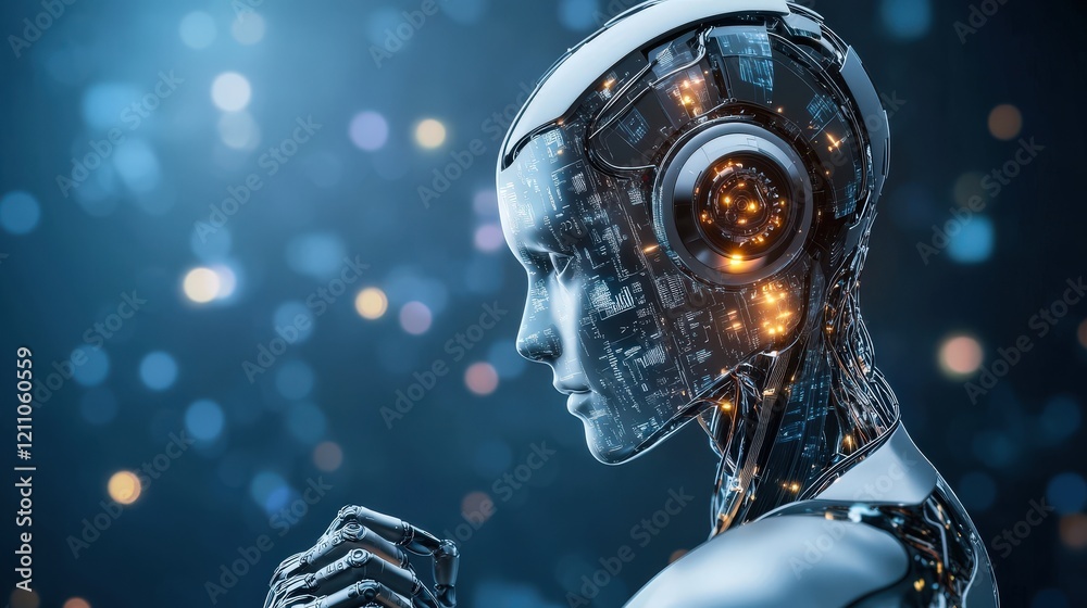 Poster Futuristic robot face with intricate circuitry and glowing elements in a soft-focus background representing technology, innovation, and artificial intelligence advancement