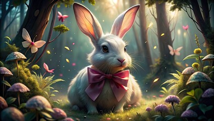 Pink Bow White Rabbit Photography: Surreal Cute Bunny Image, Fantasy Animal Portrait
