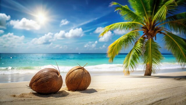 Two coconuts, sharp focus, sit on a flawless white beach beside breathtaking turquoise sea.