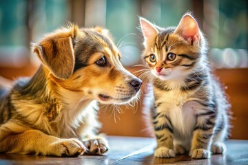 Obraz premium Playful Puppy Kitten Friendship: Close-Up Candid Photo - Adorable Pet Portraits