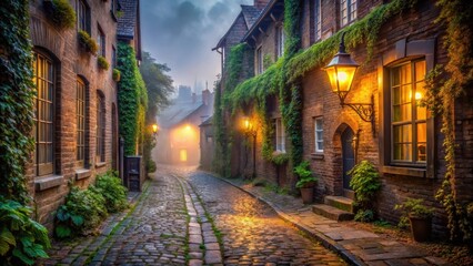 Fototapeta premium Enchanted cobblestone lane at twilight, glowing windows and ivy-covered brick buildings create a mystical atmosphere, old-world charm, serene ambiance
