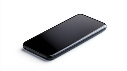 Modern smartphone with a sleek design and glossy black finish, lying flat on a minimalistic white background for technology and communication themes