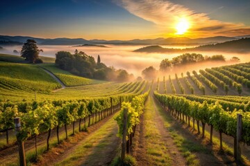 Fototapeta premium Serene vineyard landscape at sunrise, bathed in golden light, mist shrouding the valley, rows of vines stretching towards the sun, tranquil rural scene, peaceful atmosphere