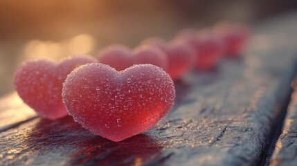 Fototapeta premium Sunset, sugared hearts, wooden surface, romantic