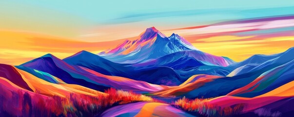 Vibrant Abstract Landscape with Mountain and Sunset Colors