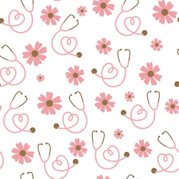 Nursery seamless floral pattern with stethoscopes