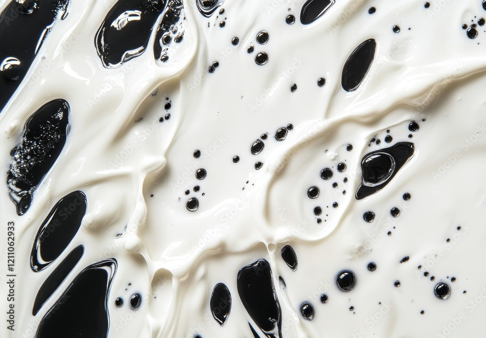 Poster Abstract monochrome paint swirls with black and white blobs.