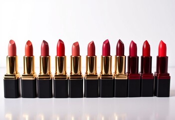 Obraz premium Vintage Lipstick Lineup: Light Peach to Dark Red Spectrum, Flat Lay, Isolated on White, Retro Beauty Products, Cosmetic Display, Makeup Collection, Beauty Essentials