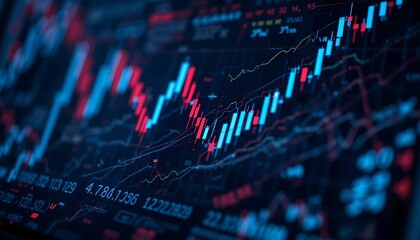 Fototapeta premium Close-up view of a vibrant stock market chart displaying dynamic candlestick patterns, intricate lines, and numerical data on a dark background.