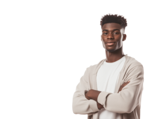 A confident young man strikes a powerful pose with arms crossed in a full-length portrait, showcasing his self-assured demeanor and poise.