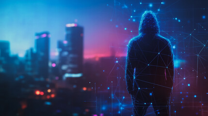 Fototapeta premium Hacker are planning to hack and attack networks and cyber security systems.Smart digital city with connection Innovation network reciprocity over the cityscape