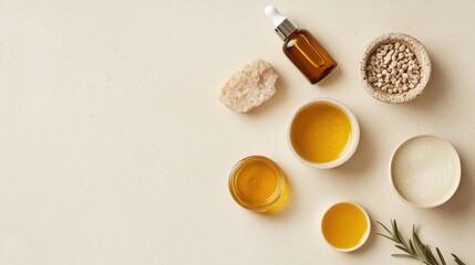Natural skincare products arranged on a minimalist surface