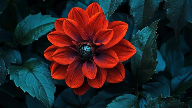 Vibrant red flower blooming amidst dark green foliage in a serene garden setting with contrasting colors