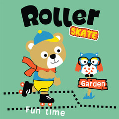 Cartoon bear roller skating in a garden with a playful owl wearing glasses on a green background. Fun activity and outdoor play concept
