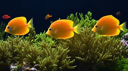 Three Orange Fish Swim Near Green Coral