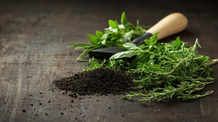Fresh herbs and soil on a rustic wooden surface