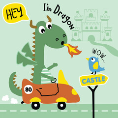 Cartoon dragon driving a car with castle in the background and bird on a signpost on a playful green backdrop. Fantasy and adventure design concept
