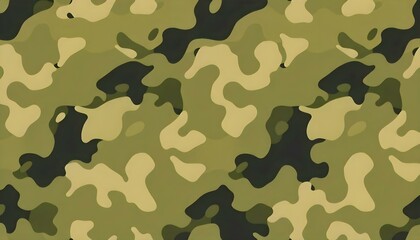 Fototapeta premium A flat vector seamless pattern of army camouflage in khaki and olive green tones. The design features abstract, organic shapes blending together, creating a classic military fabric texture. Perfect fo