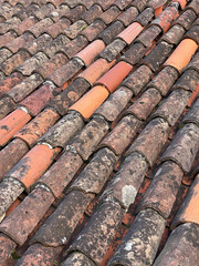  A detailed view of aged terracotta roof tiles in various earthy tones, featuring weathered textures and natural patterns. 