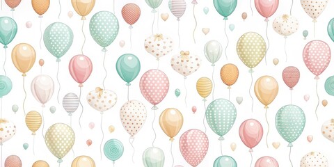 A delightful pattern of pastel-colored balloons, adorned with polka dots, stripes, and hearts, floating against a pristine white background.