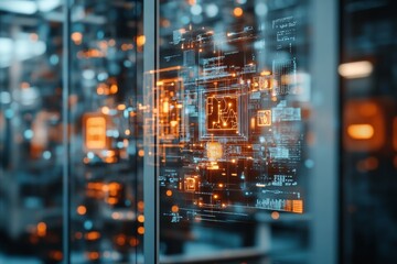 Futuristic data center with glowing screens showcasing digital information and technology