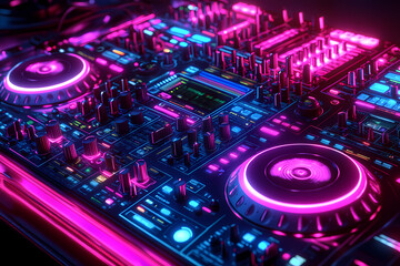 Fototapeta premium A glowing digital DJ mixing neon soundwaves on a radiant holographic console