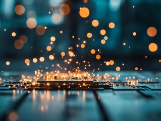 Sparkling lights illuminate a microchip on a dark surface in a futuristic setting