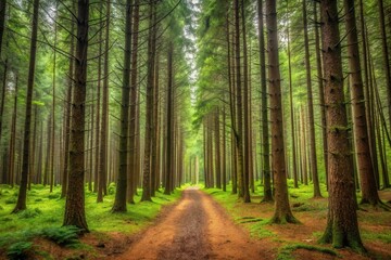 Naklejka premium Serene Pathway Through a Lush Evergreen Forest, Sunlight Filtering Through Dense Canopy, Creating a Tranquil and Picturesque Scene