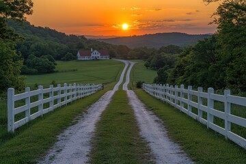Obraz premium Morning sunrise over an equestrian white fence and grazing horses