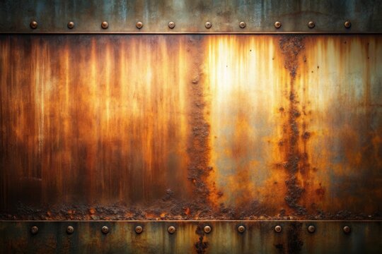 Highly textured rusty metal panel with riveted border, showing signs of significant age and weathering