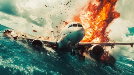 An airplane crashes into the ocean, creating a dramatic explosion.