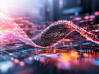 Abstract digital wave representing data flow in a futuristic cityscape with glowing lights and vibrant colors
