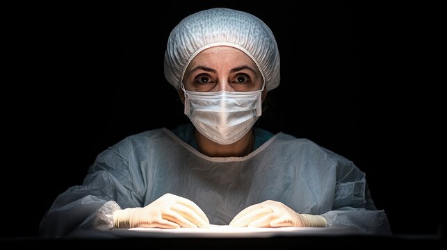 Intense close-up of a female surgeon in surgical attire, illuminated from below against a dark background.