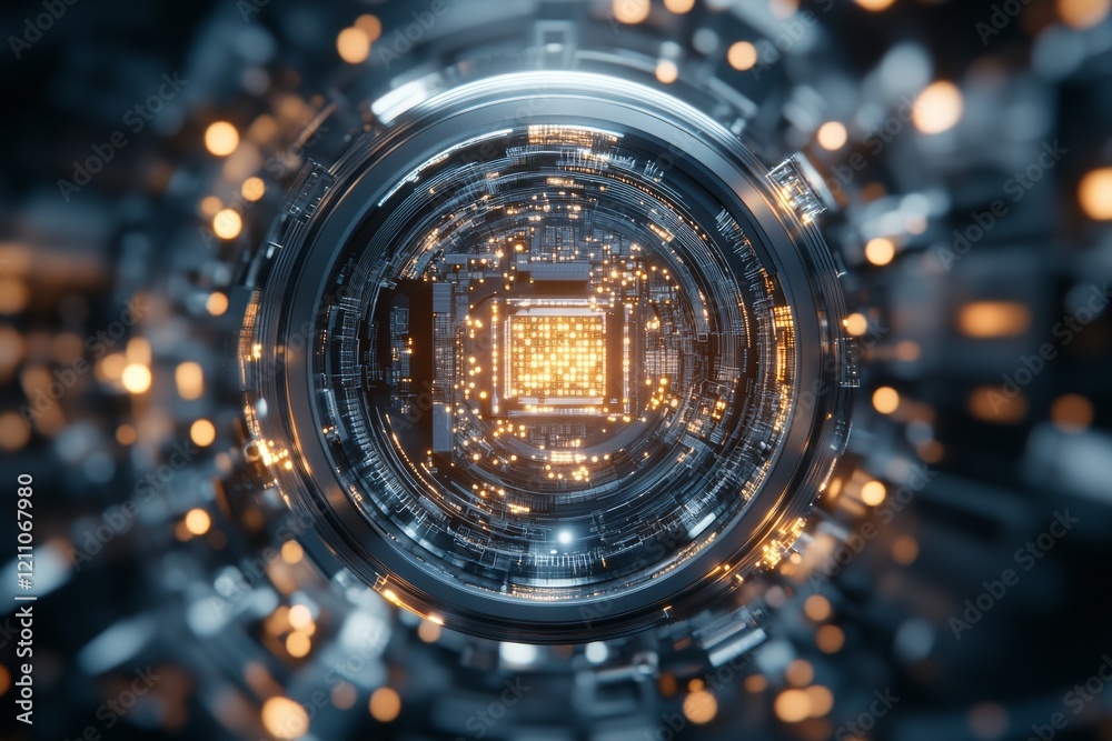Poster exploring the intricate design of a futuristic microchip with glowing circuits and digital patterns