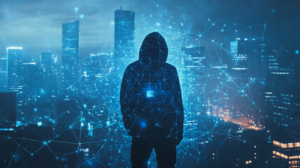 Hacker are planning to hack and attack networks and cyber security systems.Smart digital city with connection Innovation network reciprocity over the cityscape