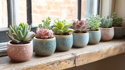 Seven potted succulent plants are arranged along a rustic wooden window sill against a bright backdrop