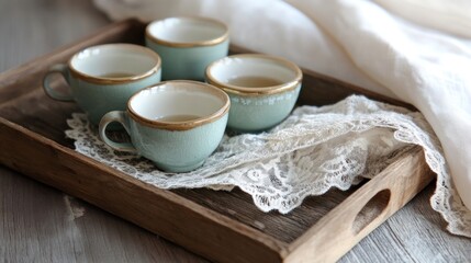 Four light green cups with golden rim placed on a wooden tray with lace cloth